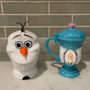 Two Disney On Ice Frozen Plastic Mug Cup with Handle & Lid - Olaf, Anna & Elsa